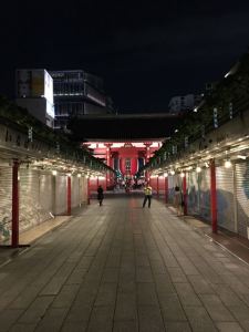 Senso-ji at night, stalls closed.